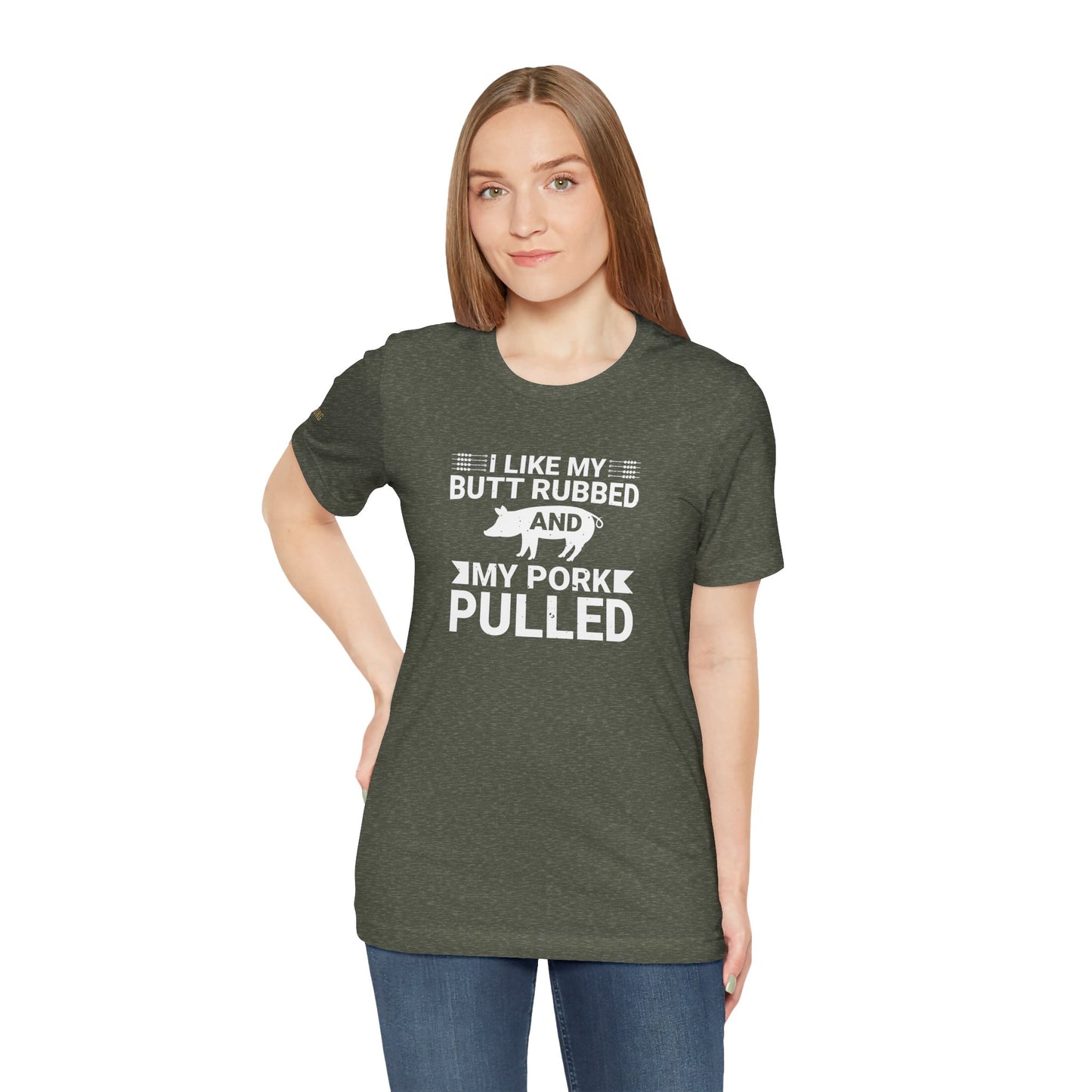 BBQ-themed t-shirt design with the phrase "I Like My Butt Rubbed & My Pork Pulled" featuring a pig silhouette and grilling utensils.