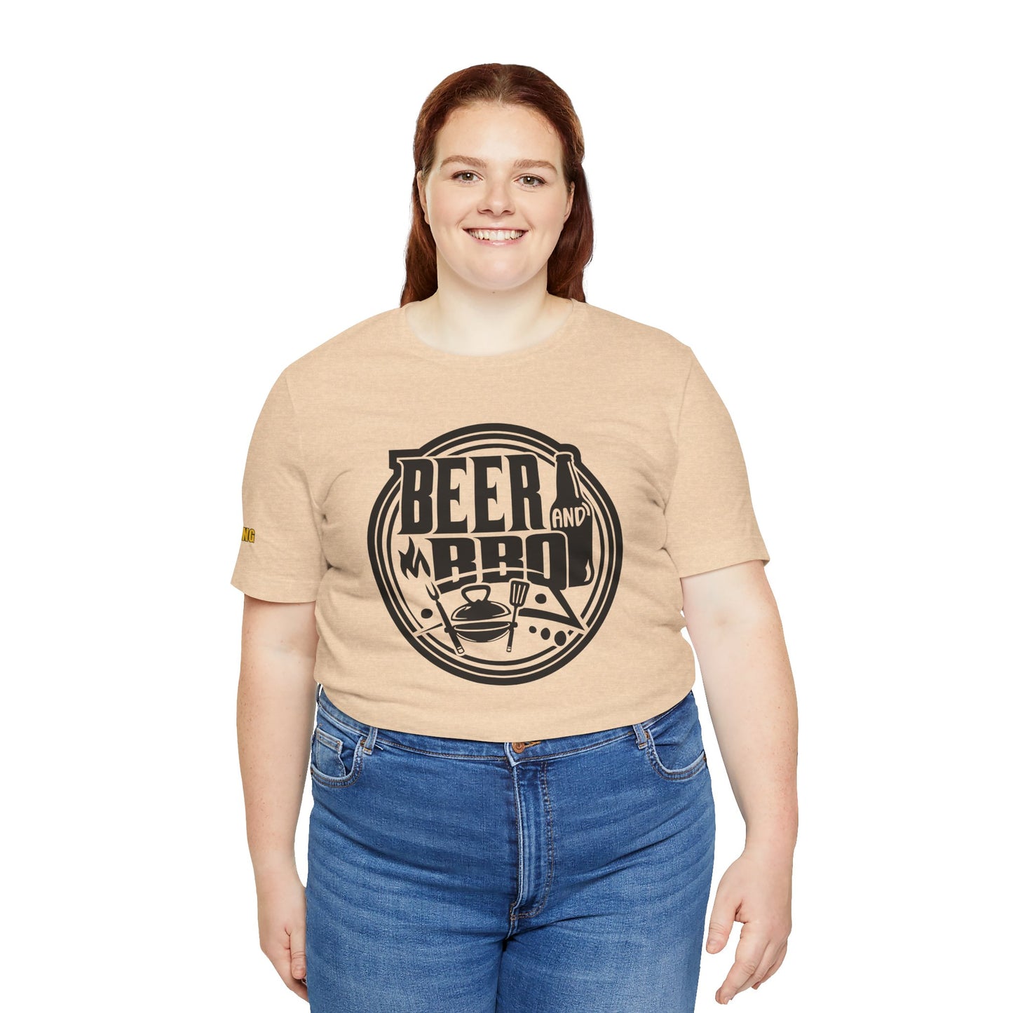 Beer & BBQ round logo t-shirt featuring a vintage-style design for grill masters and beer lovers. Available in plus sizes.