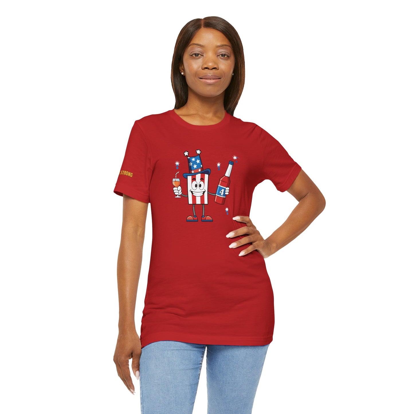 Celebrate 4th of July in style with this funny patriotic drinking t-shirt—perfect for beer lovers, wine drinkers, and freedom enthusiasts - in red.