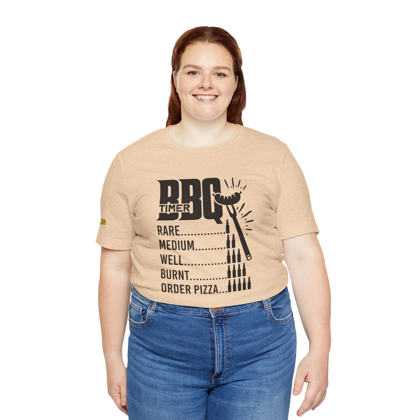 BBQ Timer T-shirt featuring a funny beer-based grilling timer, barbecue grill, skewers, and beer mugs. Perfect for beer lovers and grillmasters. Available in Plus Sizes.