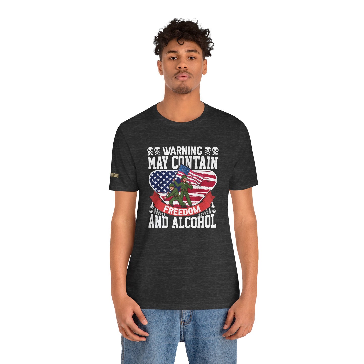 Funny ‘Warning May Contain Freedom & Alcohol’  quote T-Shirt with military soldiers raising an American flag – perfect for beer lovers and patriots. In dark heather grey and plus sizes.