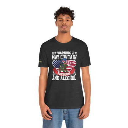 Funny ‘Warning May Contain Freedom & Alcohol’  quote T-Shirt with military soldiers raising an American flag – perfect for beer lovers and patriots. In dark heather grey and plus sizes.
