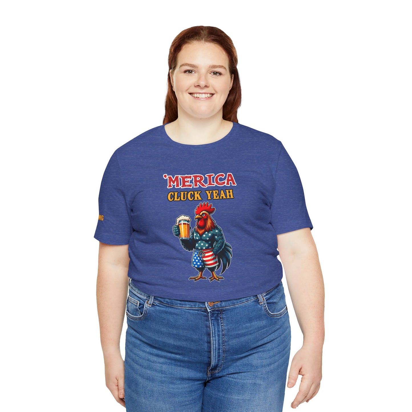 Patriotic rooster holding a beer, wearing American flag shorts, with funny alcohol quote “’Merica – Cluck Yeah!” on a black background. In plus sizes.