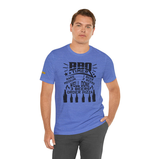 BBQ Timer T-shirt featuring a funny beer-based grilling timer, barbecue grill, skewers, and beer mugs. Perfect for beer lovers and grillmasters.