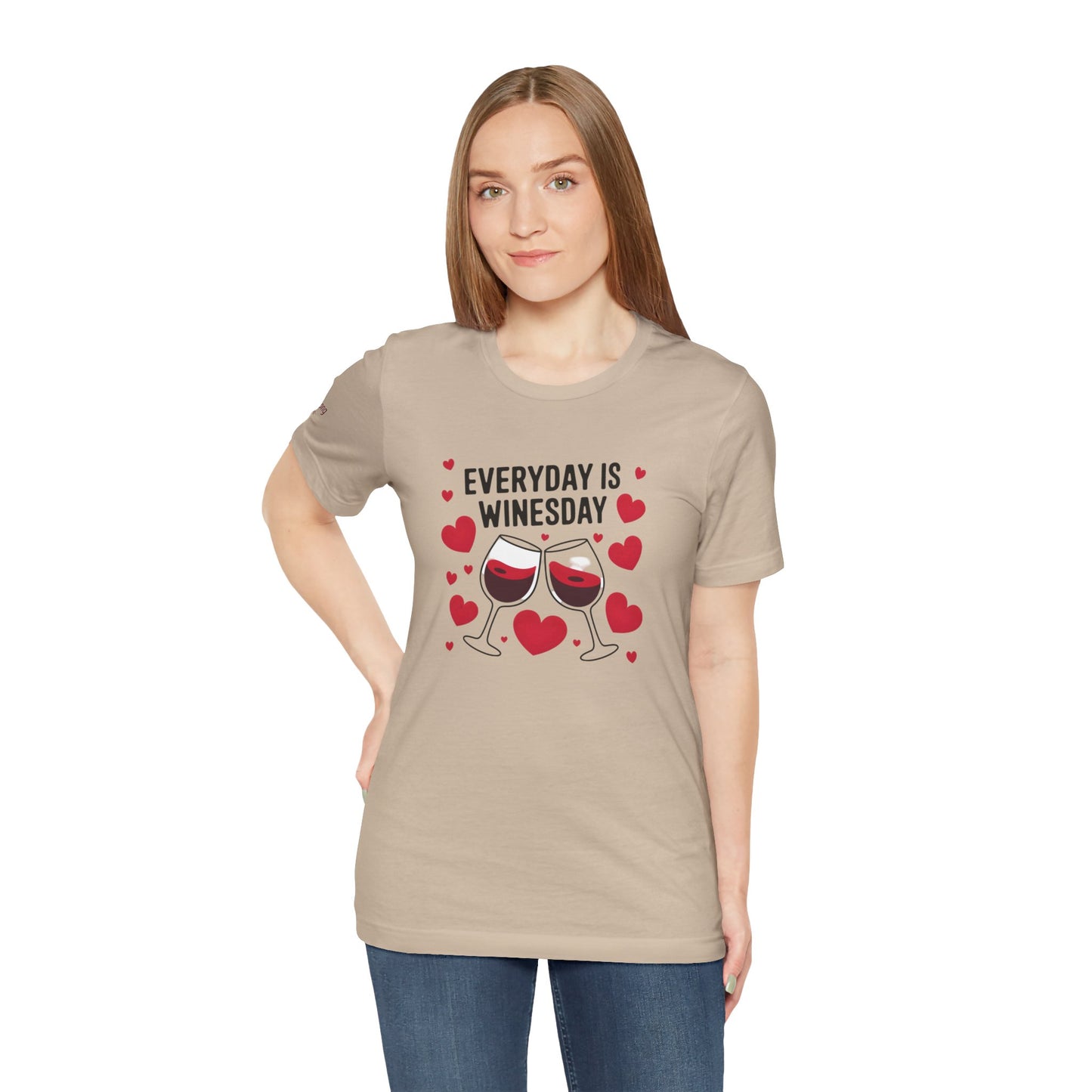 A cheerful wine-themed design featuring two clinking glasses of red wine surrounded by hearts, with the phrase "Everyday is Winesday" in bold typography.