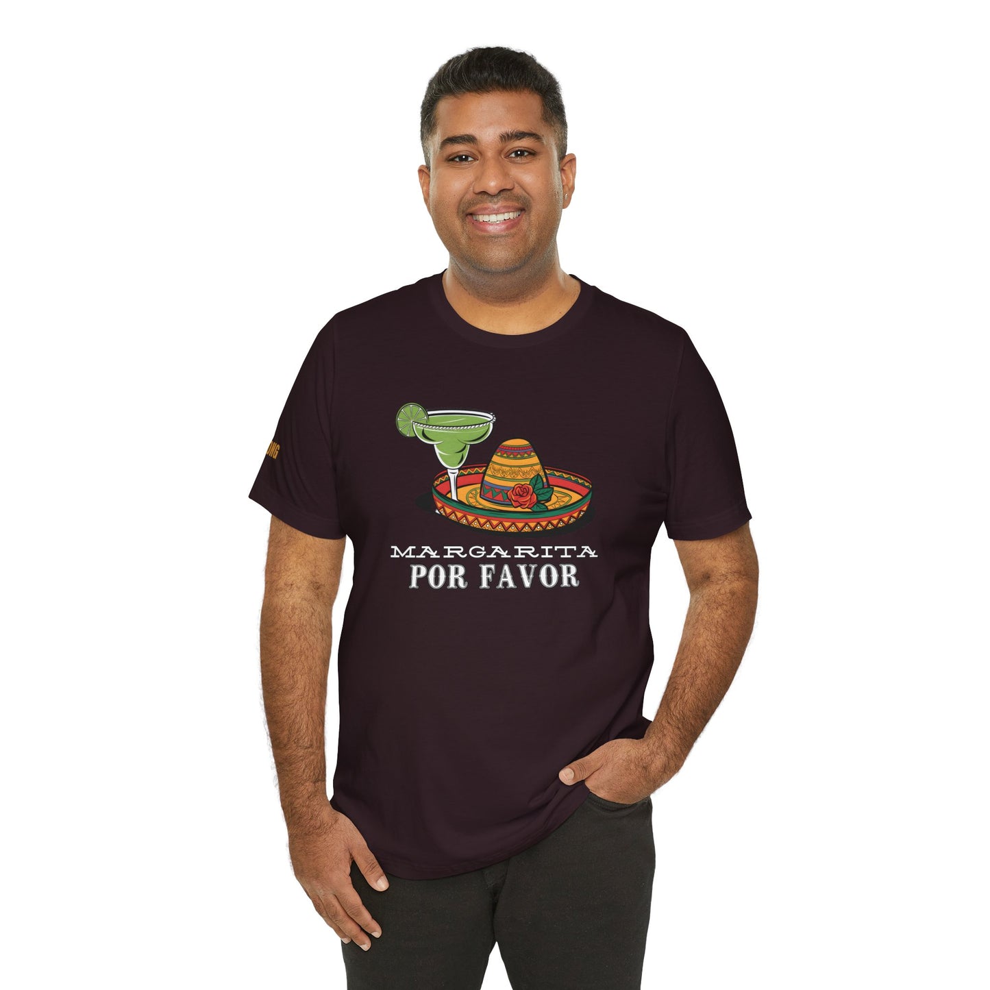 A model wearing the Margarita Por Favor t-shirt, showcasing a playful margarita and sombrero design, ideal for Cinco de Mayo celebrations.