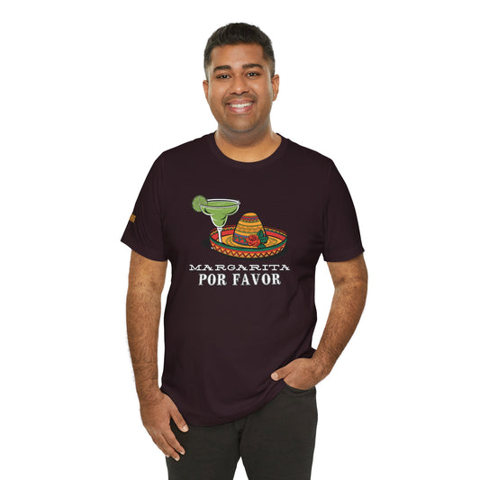 A model wearing the Margarita Por Favor t-shirt, showcasing a playful margarita and sombrero design, ideal for Cinco de Mayo celebrations.