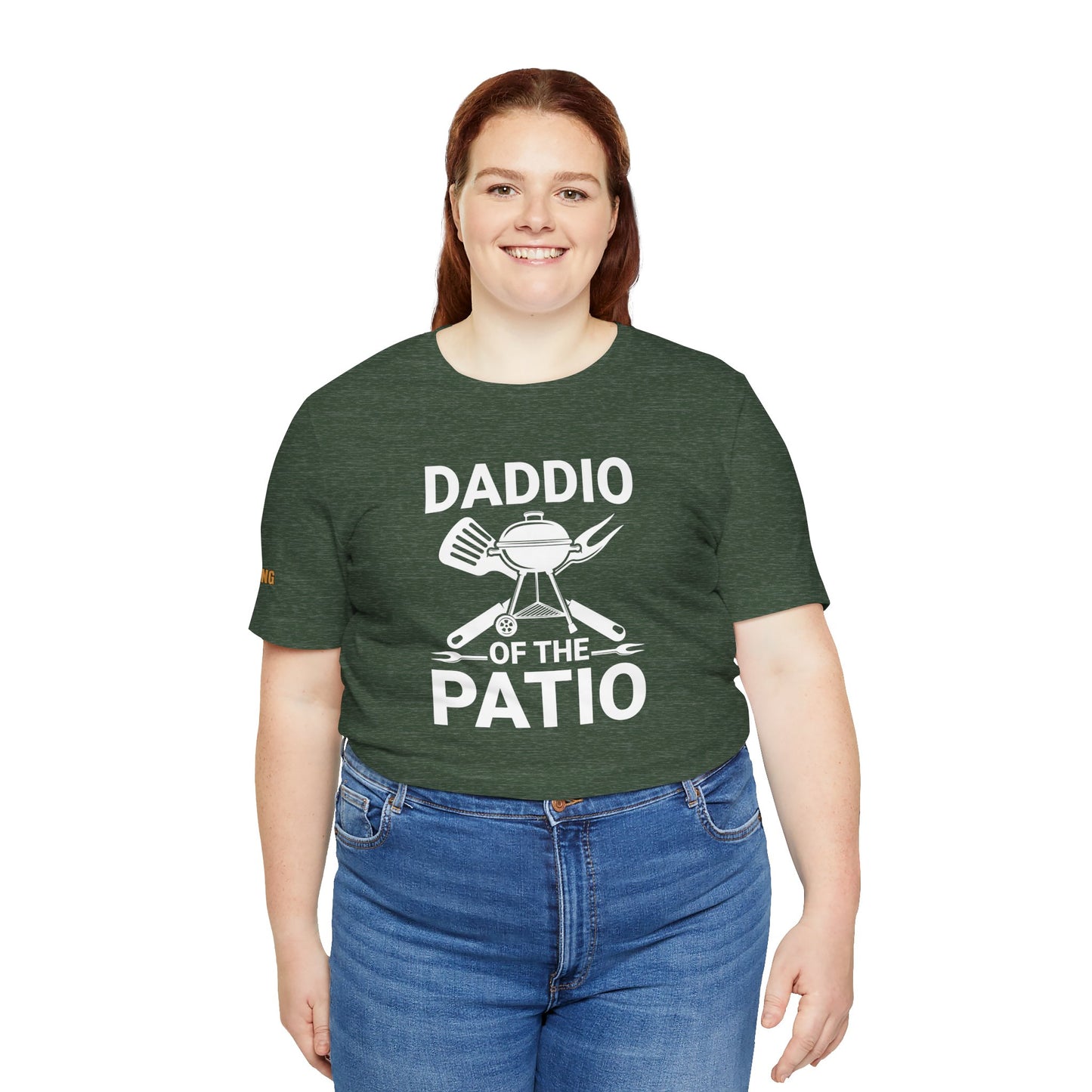 "Daddio of the Patio" BBQ-themed t-shirt with grill, spatula, fork, and crossed grilling tools. Available in plus sizes.