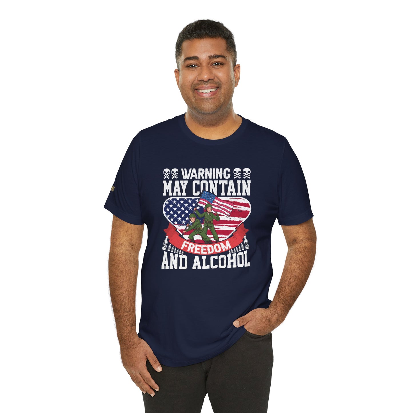 Funny ‘Warning May Contain Freedom & Alcohol’  quote T-Shirt with military soldiers raising an American flag – perfect for beer lovers and patriots. in navy and plus sizes.