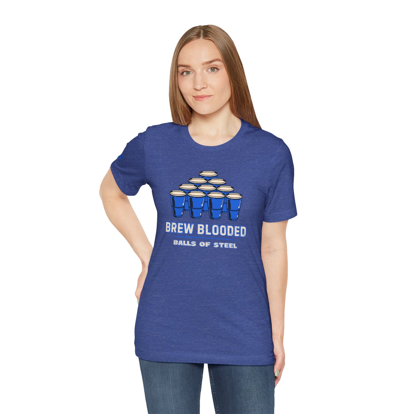 Beer pong t-shirt featuring a pyramid of blue cups with bold text reading "Brew Blooded – Balls of Steel."