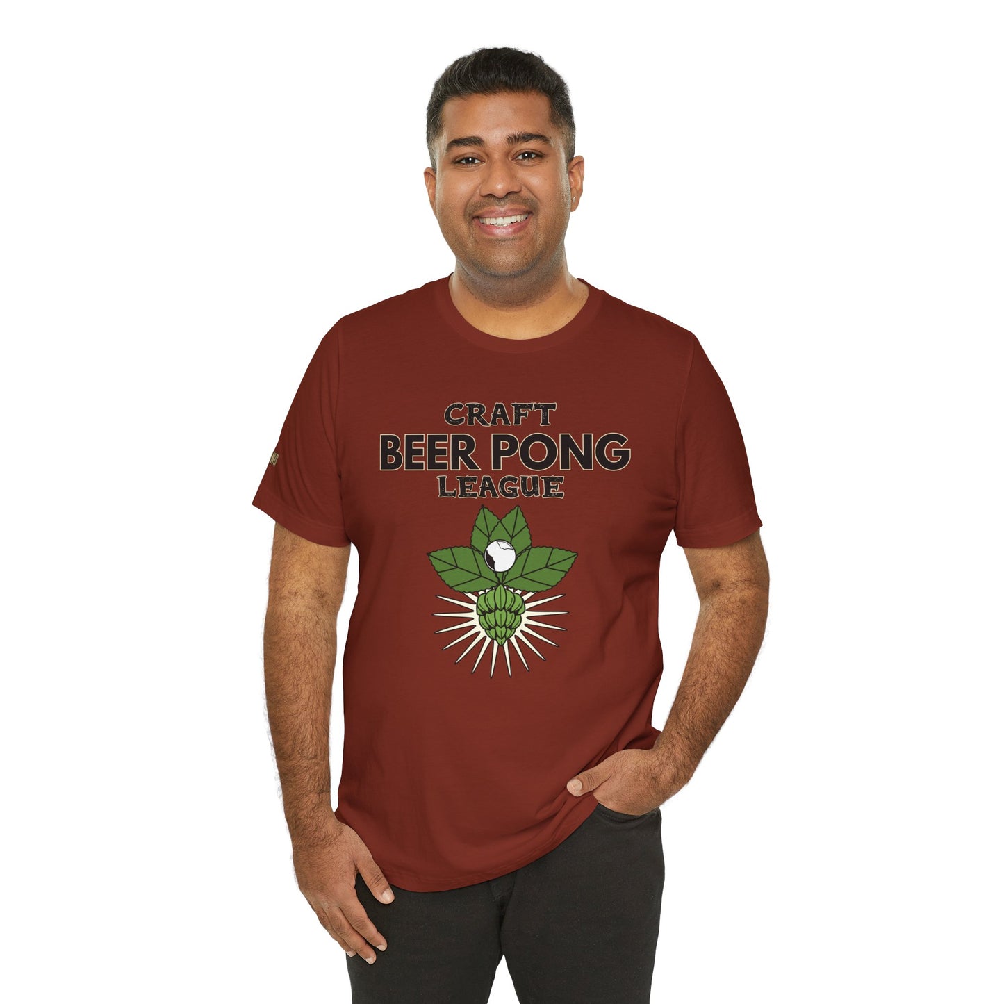Funny Craft Beer Pong League t-shirt featuring a beer hop with a pong ball, bold typography, and vintage beer league vibes. Ideal for craft beer lovers, party game enthusiasts, and drinking team champions.