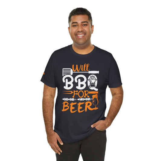 Funny BBQ t-shirt with "Will BBQ for Beer" text, featuring grilling utensils, skewers, a fire pit, and a frothy beer glass.