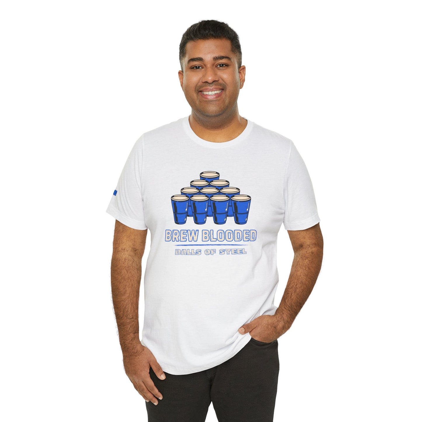 Beer pong t-shirt featuring a pyramid of blue cups with bold text reading "Brew Blooded – Balls of Steel."
