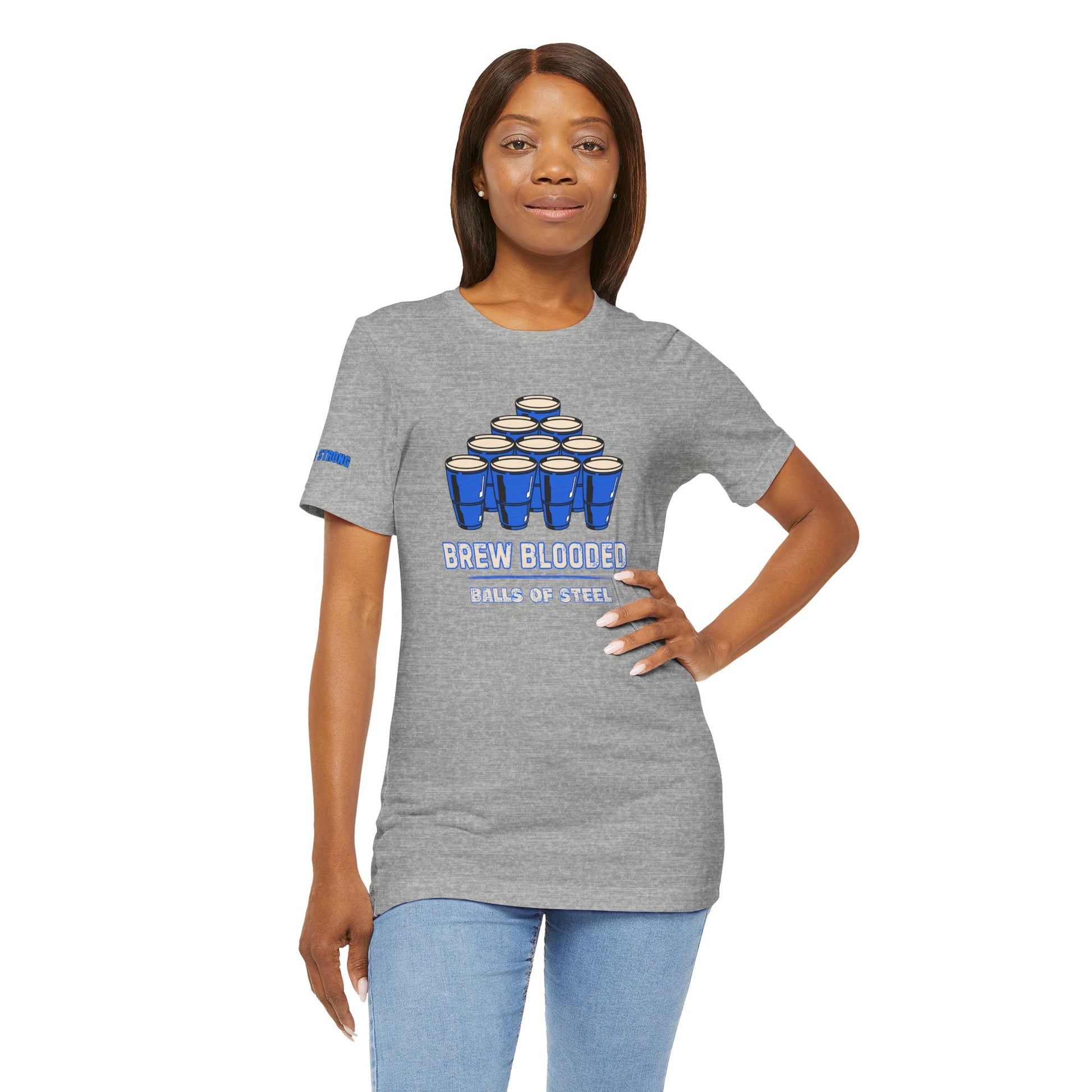 Beer pong t-shirt featuring a pyramid of blue cups with bold text reading "Brew Blooded – Balls of Steel."