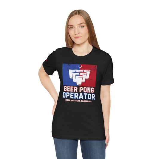 A distressed-style red, white, and blue beer pong design with bold text reading "Beer Pong Operator" and the tagline "Elite. Tactical. Dangerous." Perfect for 4th of July, Independence Day parties, and patriotic beer pong battles.