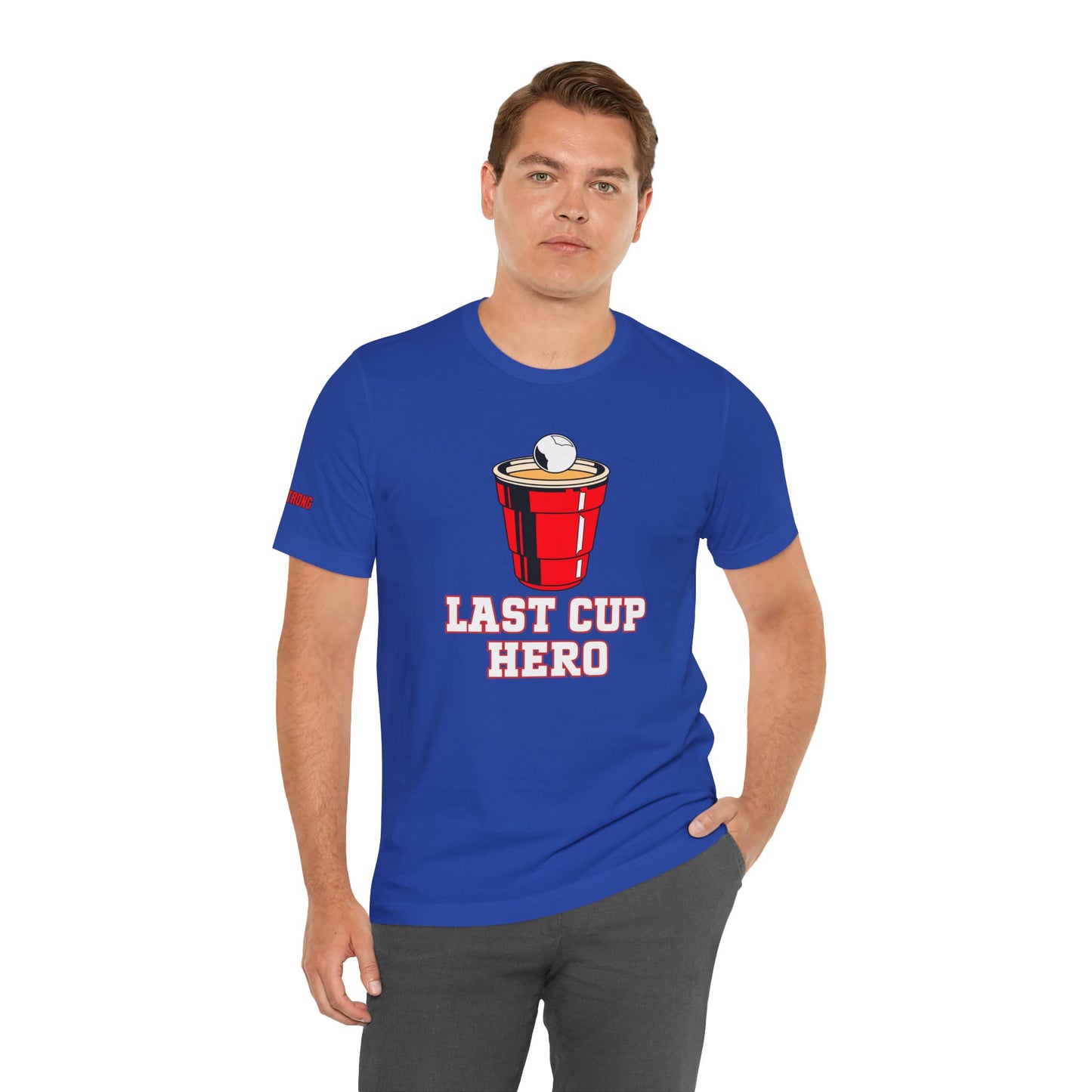 Funny Last Cup Hero beer pong t-shirt featuring a red solo cup with a pong ball, perfect for drinking game champions, BBQ parties, and beer lovers.