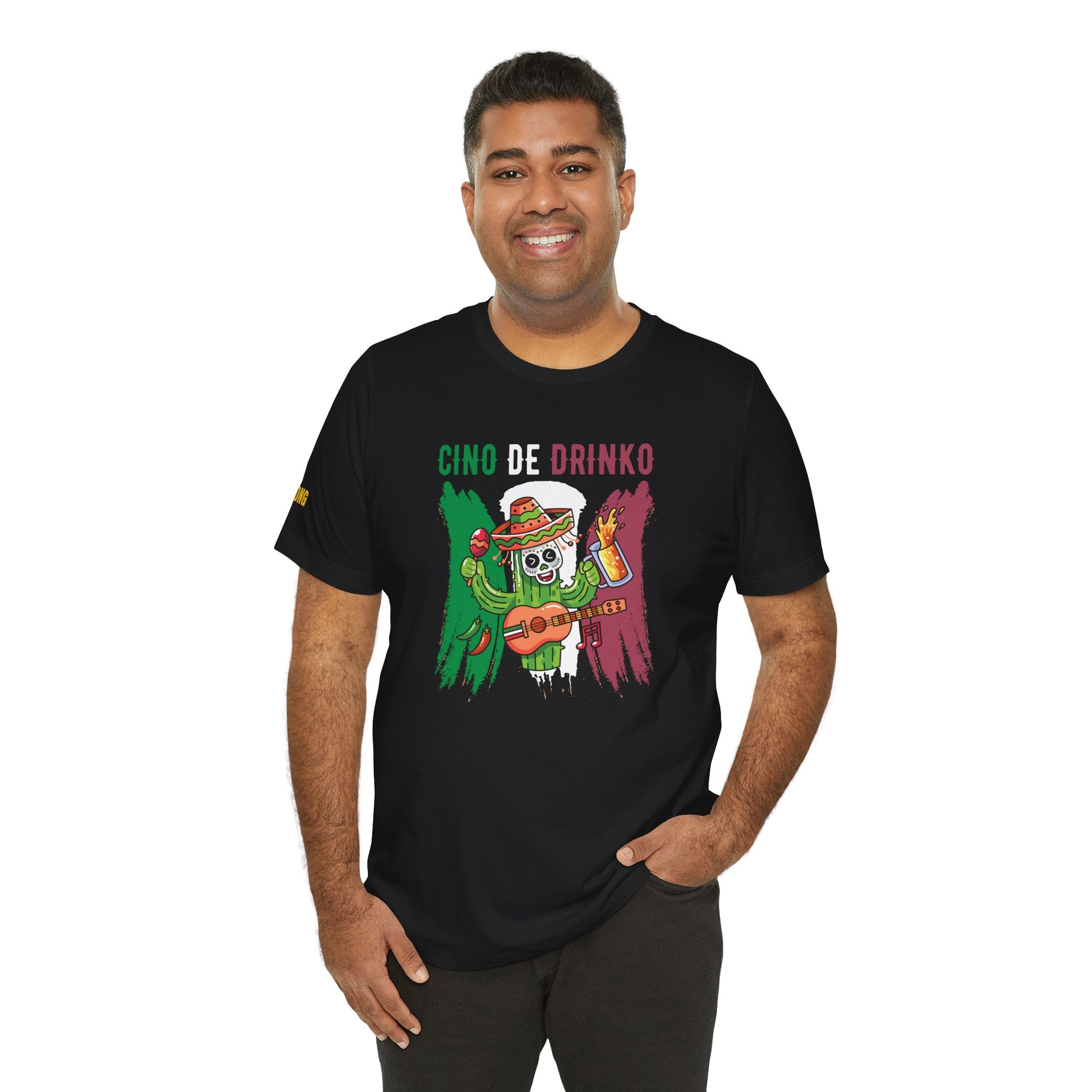 Model wearing the Cinco De Drinko Cactus Party t-shirt, available in multiple colors and plus sizes, perfect for Cinco de Mayo celebrations and casual wear.