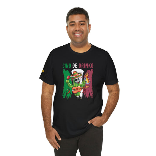 Model wearing the Cinco De Drinko Cactus Party t-shirt, available in multiple colors and plus sizes, perfect for Cinco de Mayo celebrations and casual wear.