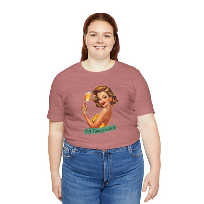 Elegant pin-up girl in a yellow dress, holding a glass of golden scotch or champagne, smirking confidently, with the phrase "I'll have a scotch" in stylish cursive below, in plus sizes.