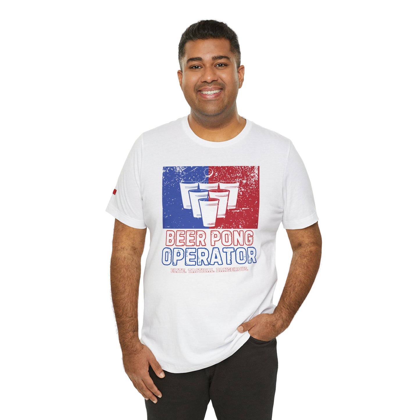 A distressed-style red, white, and blue beer pong design with bold text reading "Beer Pong Operator" and the tagline "Elite. Tactical. Dangerous." Perfect for 4th of July, Independence Day parties, and patriotic beer pong battles.