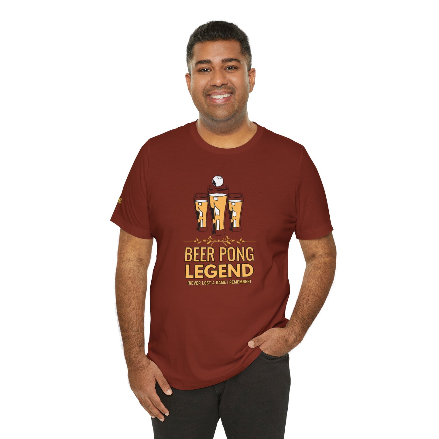 Funny Beer Pong Legend t-shirt featuring golden beer glasses arranged like a championship podium with a pong ball soaring overhead. The perfect beer lover’s shirt for parties, graduations, BBQs, and drinking team reunions.