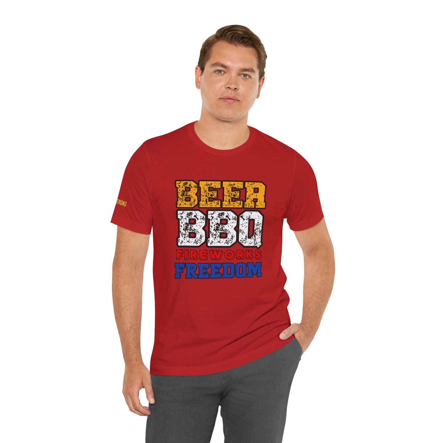 Beer, BBQ, Fireworks & Freedom t-shirt with distressed red, white, and blue lettering.