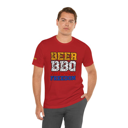 Beer, BBQ, Fireworks & Freedom t-shirt with distressed red, white, and blue lettering.