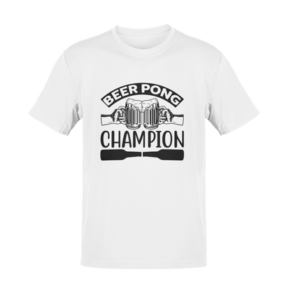 Graphic t-shirt featuring “Beer Pong Champion” with two frosty beer mugs clinking together, held by detailed illustrated hands. A bold, fun design for party-goers, college legends, and competitive beer pong players ready to dominate the table. in multiple colors.