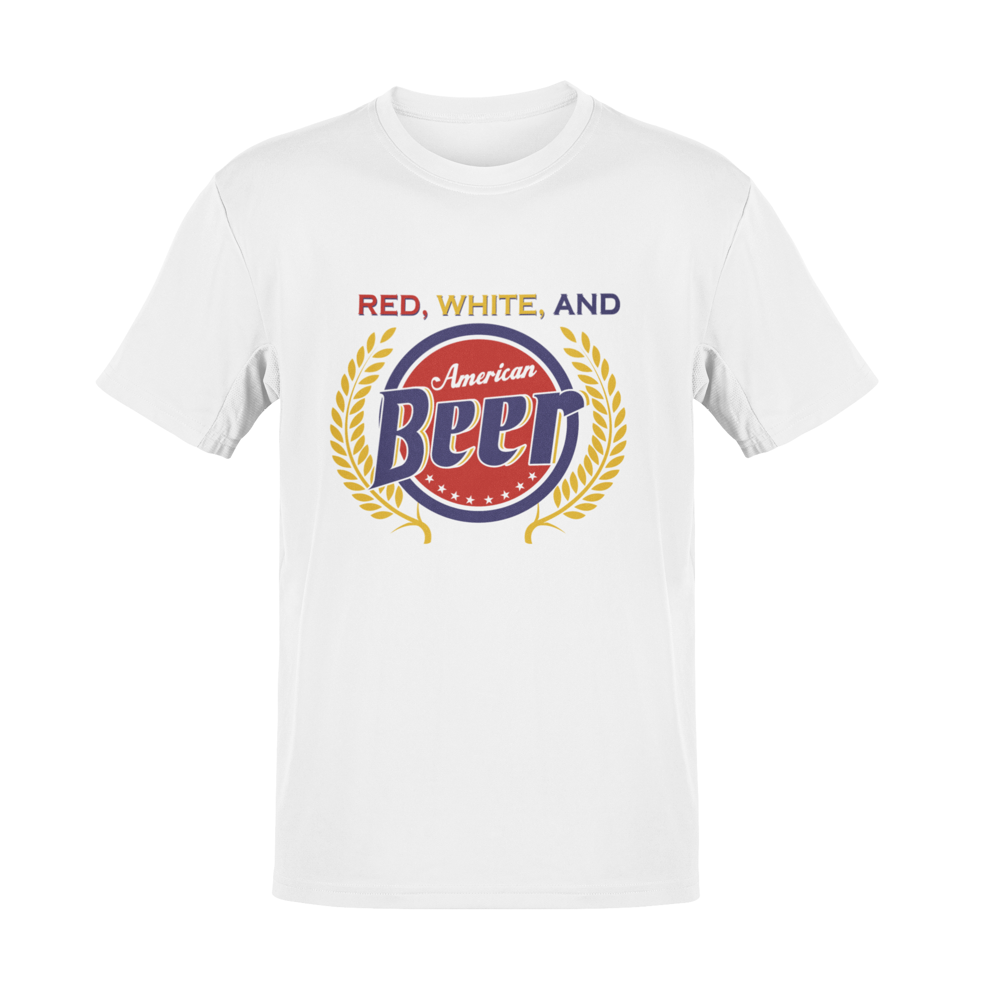 Red, White, and American Beer graphic featuring bold typography, a patriotic red and blue beer label-inspired design, golden wheat accents, and a vintage-style American theme in multiple colors.