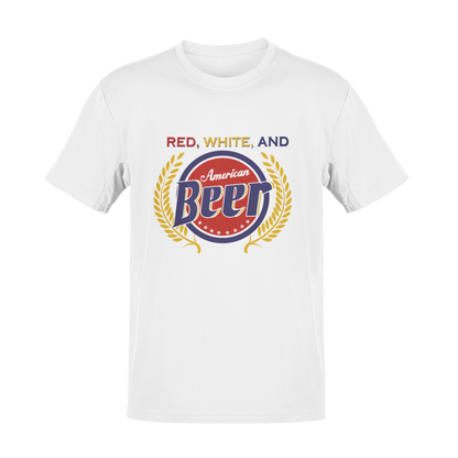 Red, White, and American Beer graphic featuring bold typography, a patriotic red and blue beer label-inspired design, golden wheat accents, and a vintage-style American theme in multiple colors.