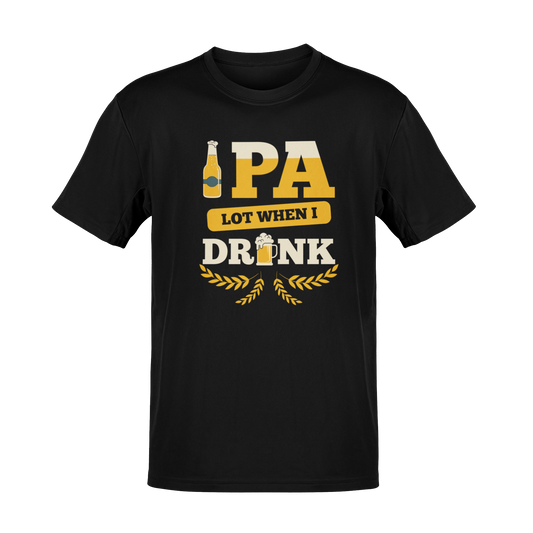 A bold and playful t-shirt design featuring the phrase "IPA Lot When I Drink" with beer-themed graphics, including a frothy beer bottle, a beer mug, and golden barley accents. Perfect for IPA lovers and craft beer enthusiasts who enjoy a good laugh with their brew.