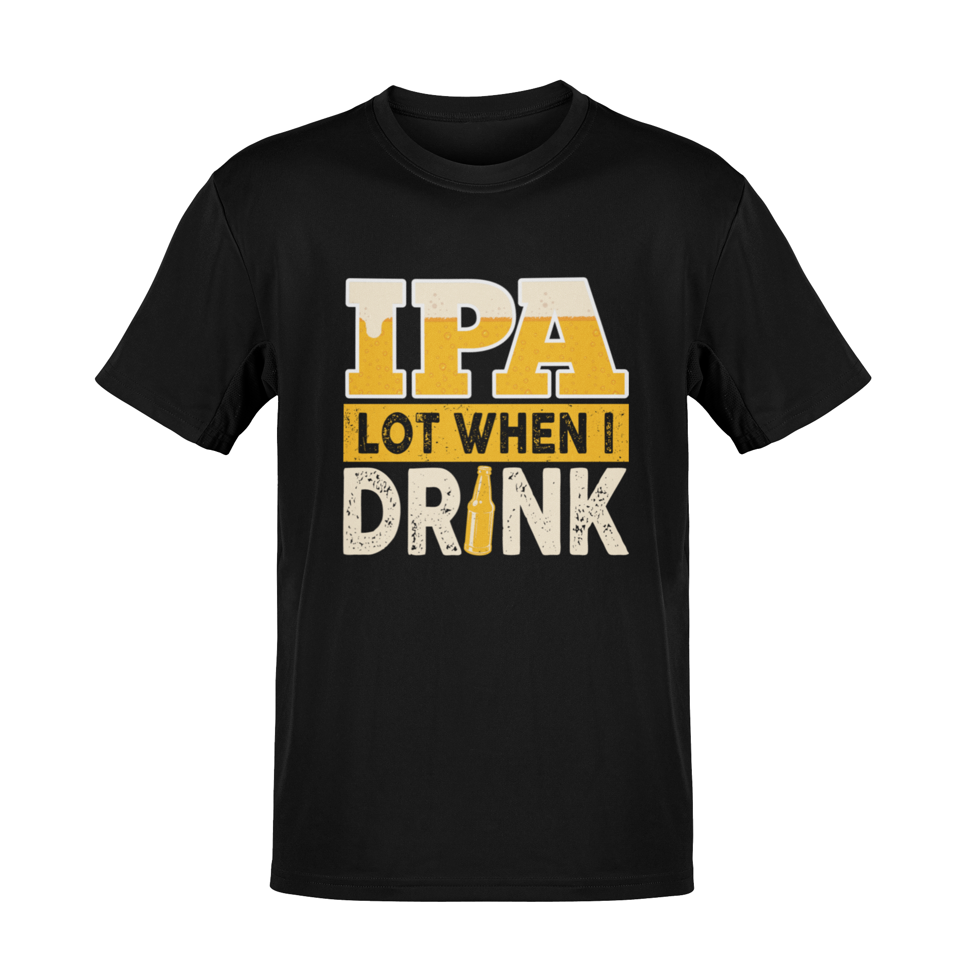 A fun and vibrant t-shirt design featuring the phrase "IPA Lot When I Drink" with bold, beer-themed typography, a foamy beer effect, and a classic beer bottle graphic. A must-have for IPA lovers and craft beer enthusiasts who enjoy their hops with a side of humor.