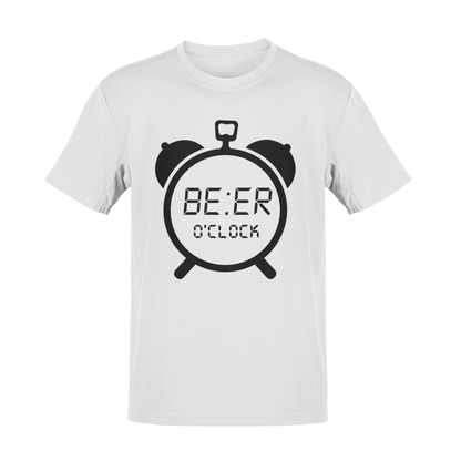 Minimalist "Beer O'Clock" t-shirt design featuring clean, bold typography. Perfect for beer lovers, brewery enthusiasts, and anyone who believes it’s always the right time for a cold one.