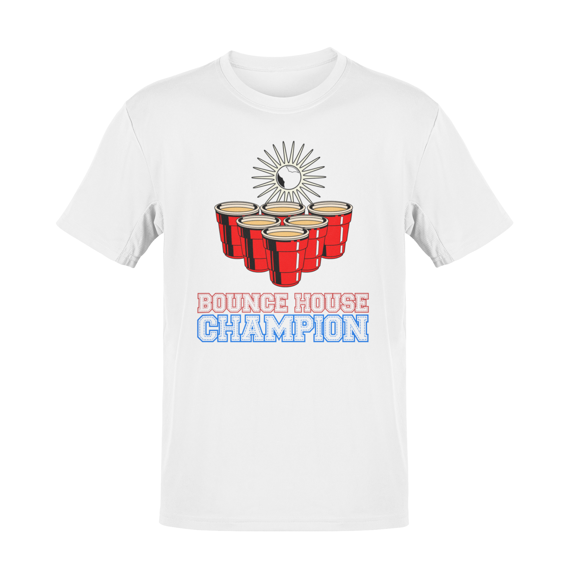 Beer pong-inspired t-shirt with red cups, a glowing ball in mid-bounce, and the bold text “Bounce House Champion.”