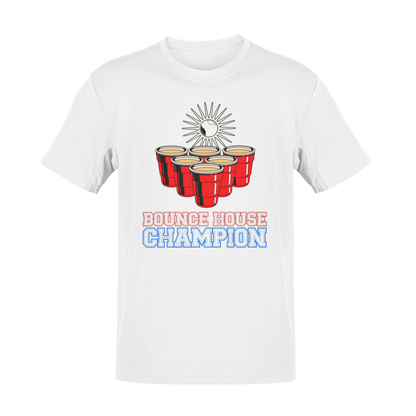 Beer pong-inspired t-shirt with red cups, a glowing ball in mid-bounce, and the bold text “Bounce House Champion.”