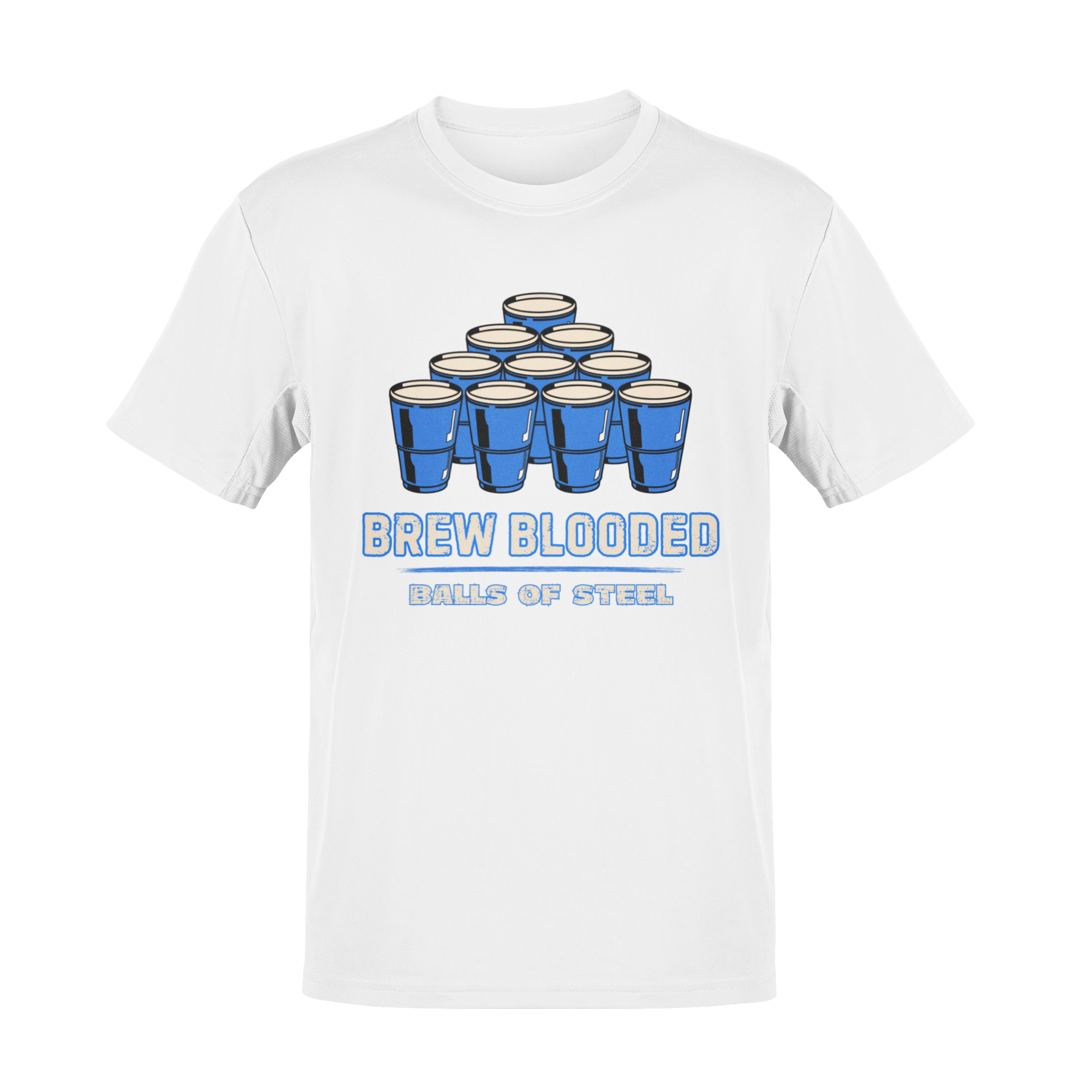 Beer pong t-shirt featuring a pyramid of blue cups with bold text reading "Brew Blooded – Balls of Steel."