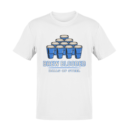 Beer pong t-shirt featuring a pyramid of blue cups with bold text reading "Brew Blooded – Balls of Steel."