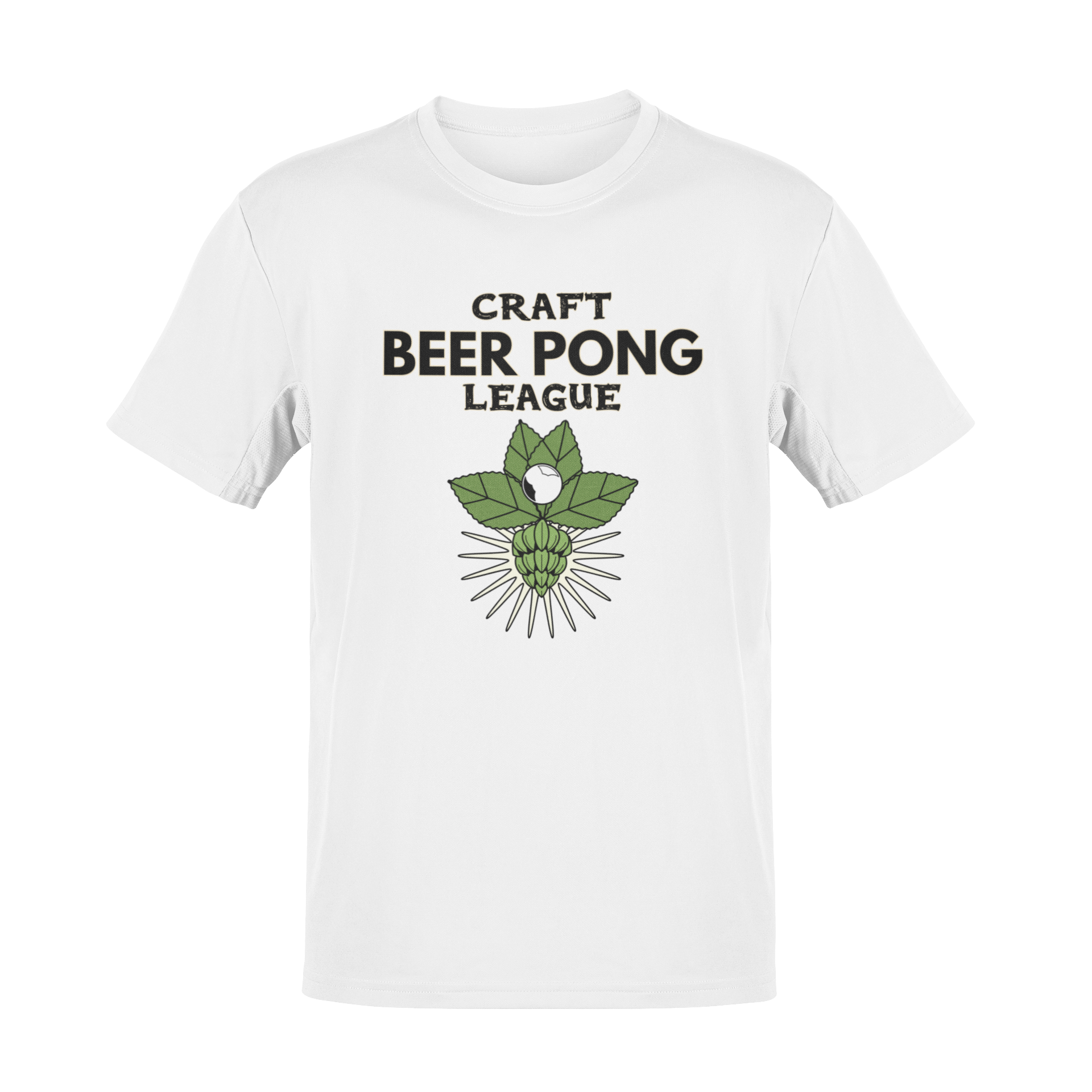 Funny Craft Beer Pong League t-shirt featuring a beer hop with a pong ball, bold typography, and vintage beer league vibes. Ideal for craft beer lovers, party game enthusiasts, and drinking team champions.