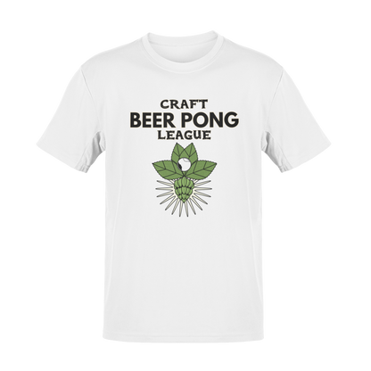Funny Craft Beer Pong League t-shirt featuring a beer hop with a pong ball, bold typography, and vintage beer league vibes. Ideal for craft beer lovers, party game enthusiasts, and drinking team champions.