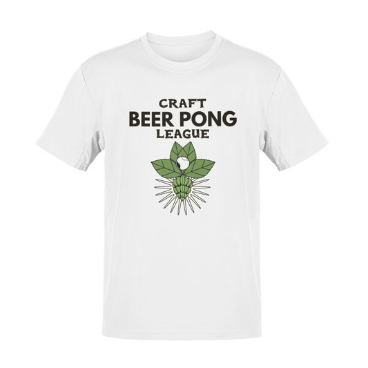 Funny Craft Beer Pong League t-shirt featuring a beer hop with a pong ball, bold typography, and vintage beer league vibes. Ideal for craft beer lovers, party game enthusiasts, and drinking team champions.