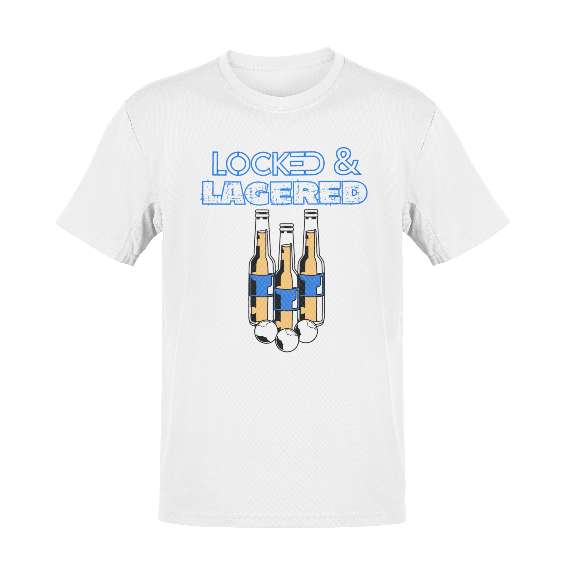 Funny Locked & Lagered beer pong t-shirt featuring beer bottles with holsters and pong balls, perfect for BBQs, tailgates, house parties, and drinking teams.