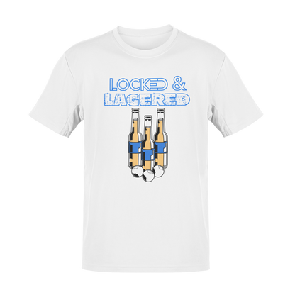 Funny Locked & Lagered beer pong t-shirt featuring beer bottles with holsters and pong balls, perfect for BBQs, tailgates, house parties, and drinking teams.