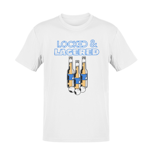 Funny Locked & Lagered beer pong t-shirt featuring beer bottles with holsters and pong balls, perfect for BBQs, tailgates, house parties, and drinking teams.