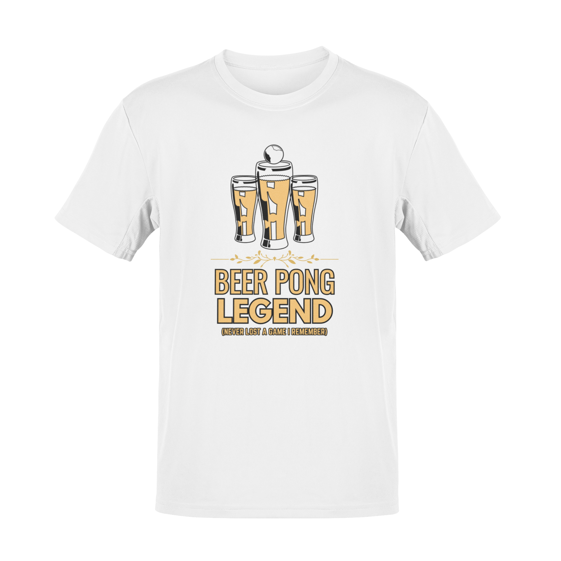 Funny Beer Pong Legend t-shirt featuring golden beer glasses arranged like a championship podium with a pong ball soaring overhead. The perfect beer lover’s shirt for parties, graduations, BBQs, and drinking team reunions.