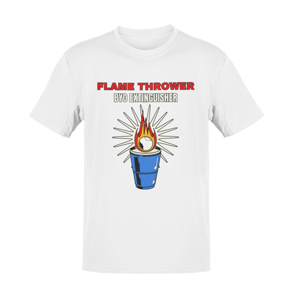A flaming beer pong ball landing in a blue solo cup with the phrase "Flame Thrower – BYO Extinguisher" in bold lettering.