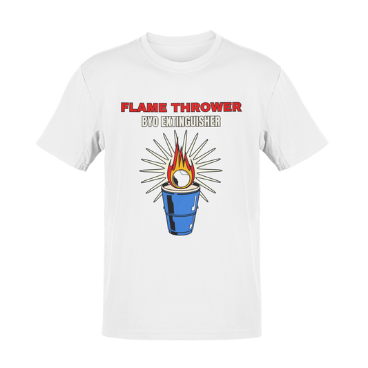 A flaming beer pong ball landing in a blue solo cup with the phrase "Flame Thrower – BYO Extinguisher" in bold lettering.