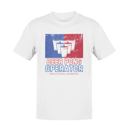A distressed-style red, white, and blue beer pong design with bold text reading "Beer Pong Operator" and the tagline "Elite. Tactical. Dangerous." Perfect for 4th of July, Independence Day parties, and patriotic beer pong battles.