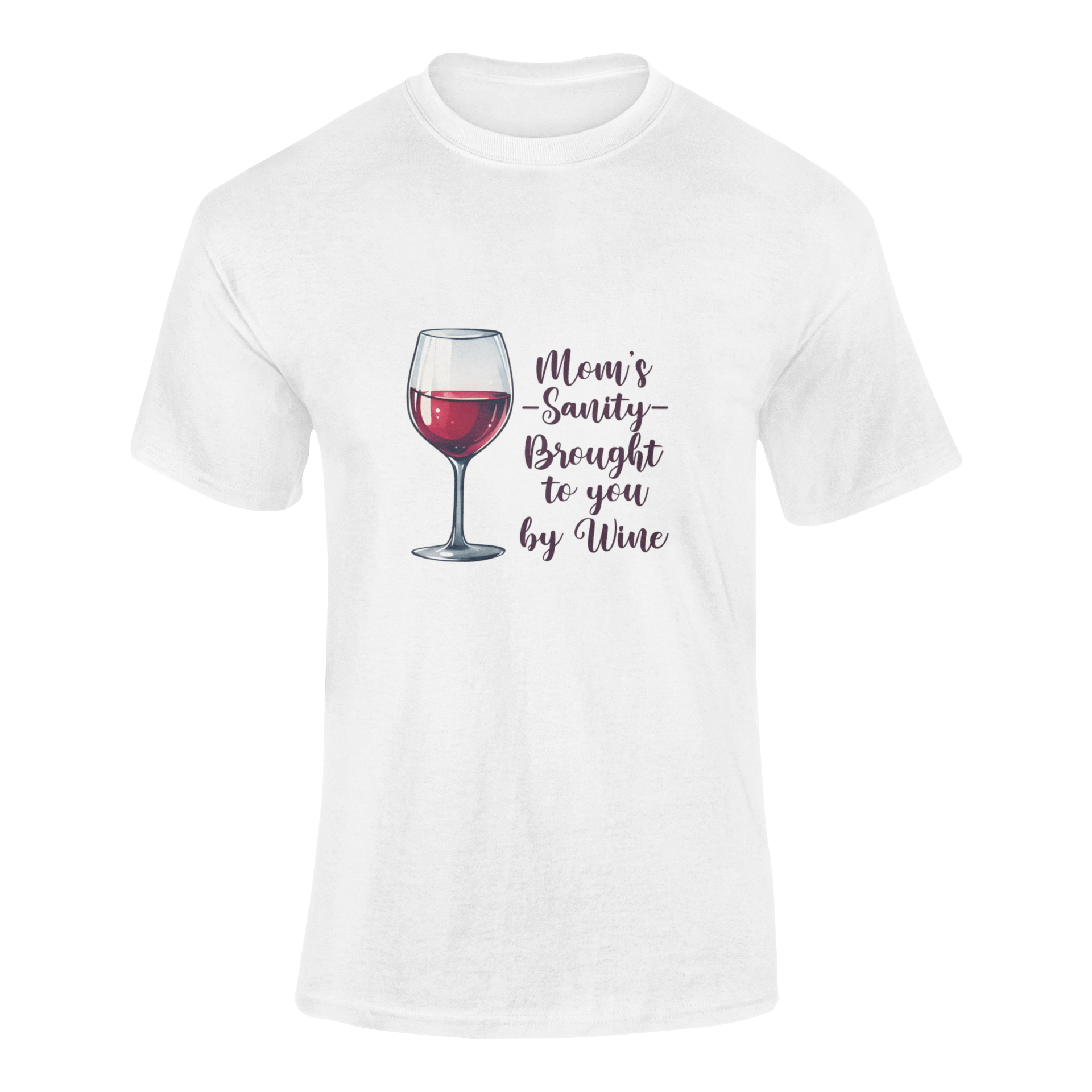 Illustration of a realistic glass of red wine with the phrase "Mom’s Sanity – Brought to You by Wine" in elegant script. A funny and relatable t-shirt design for wine-loving moms.