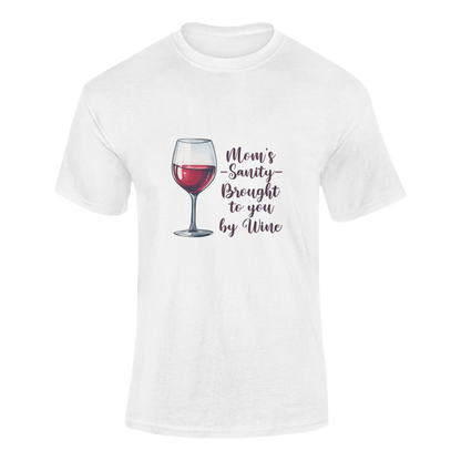 Illustration of a realistic glass of red wine with the phrase "Mom’s Sanity – Brought to You by Wine" in elegant script. A funny and relatable t-shirt design for wine-loving moms.