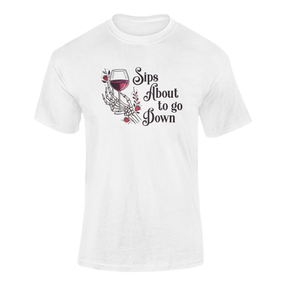 A skeleton hand holding a glass of red wine, surrounded by red roses and gothic floral accents, with the text "Sips About to Go Down" in an elegant but eerie font.
